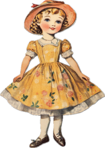 Vintage paper doll illustration of a young girl with blonde curls, wearing a wide-brimmed hat and a yellow floral dress.